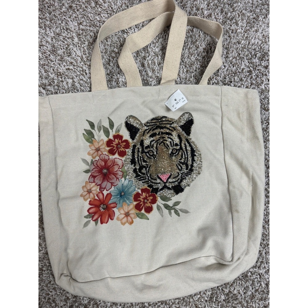Cream Beaded Tiger Canvas Tote Bag Minimalist Reusable Shoulder Shopper new